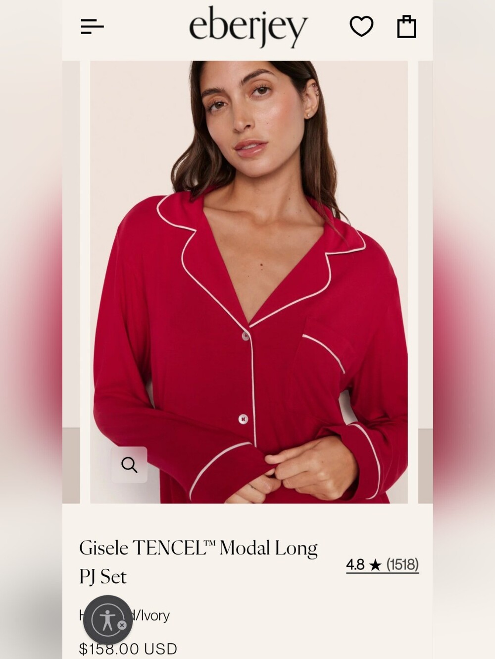 Eberjey Gisele Tencel Modal Long PJ Set Pajama Large Pants Shirt Red Self Care L - Picture 2 of 5
